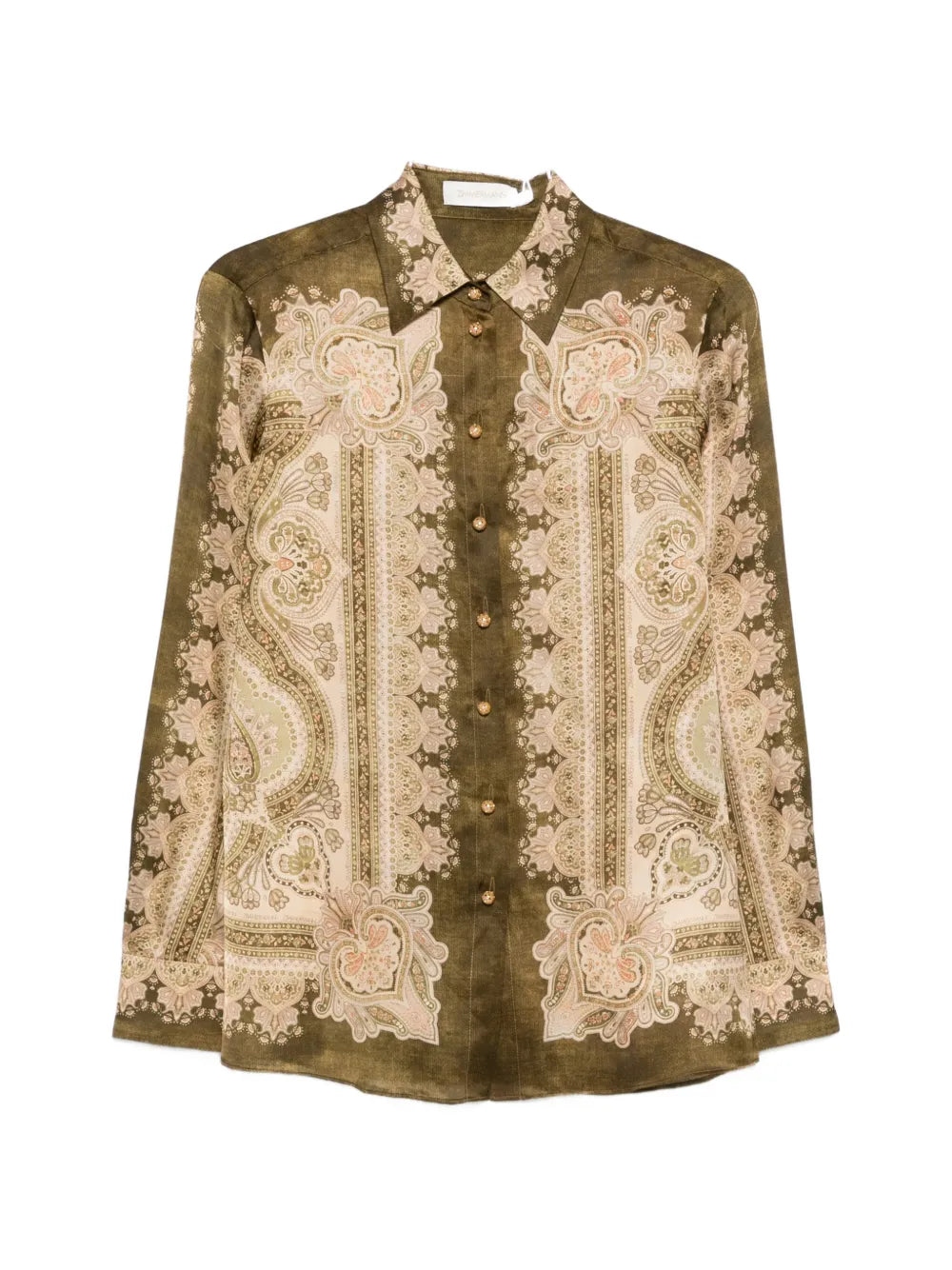 Paisley-Print Silk Shirt — Olive