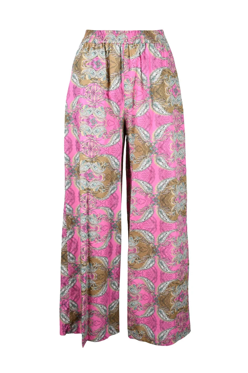 Fuchsia Wide-Leg Trousers with Artistic Pattern