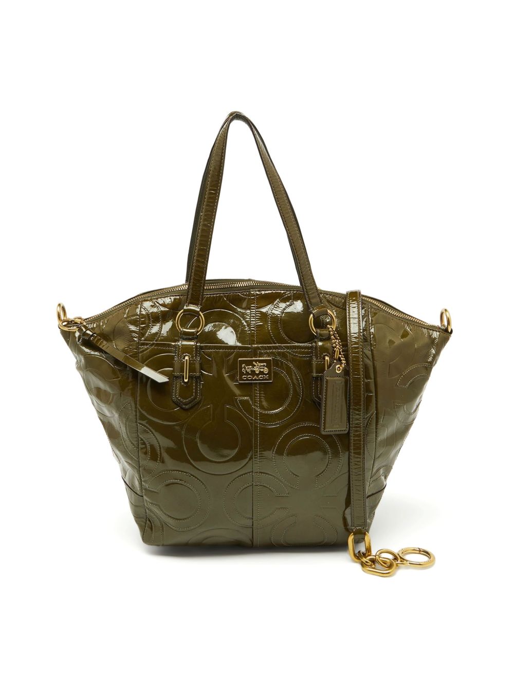 Patent-leather logo-embossed tote bag - Green