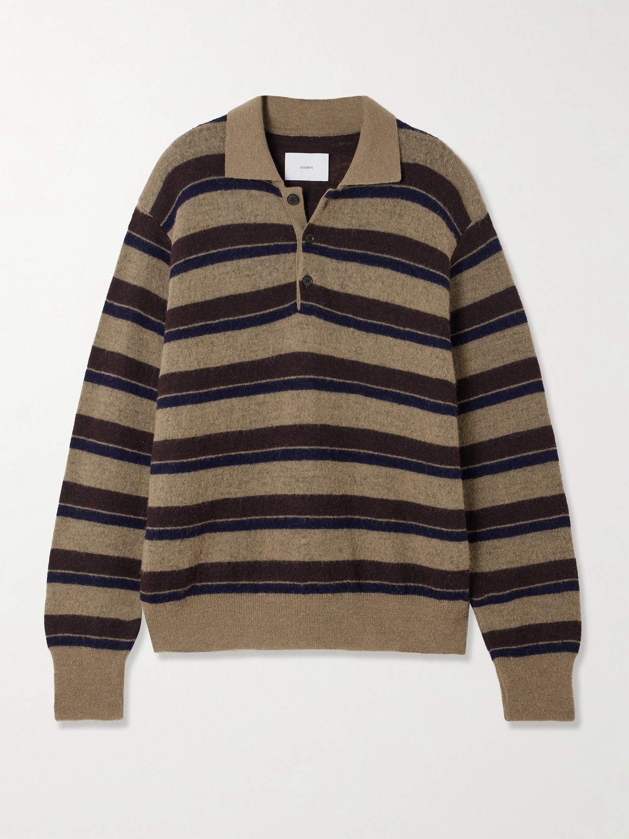 Striped Brushed Knitted Polo Sweater - Brown