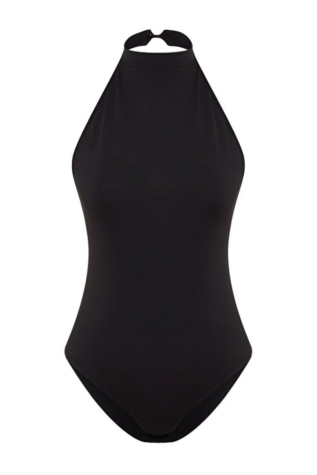 Wovcor Tie Neck High Halter Slim Fit Stretch Bodysuit Top In Black