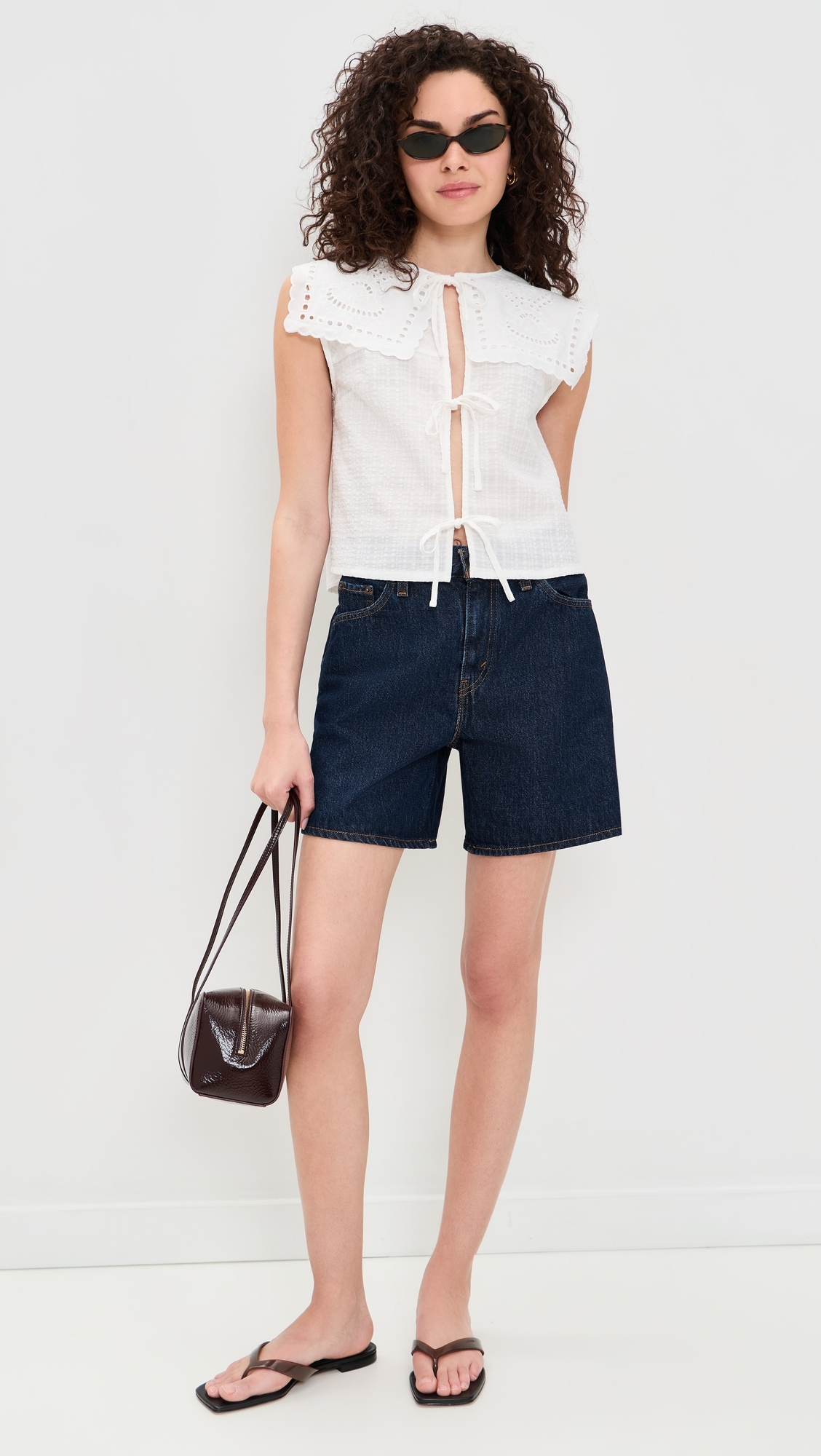 Cutwork Collar Tie Front Blouse White