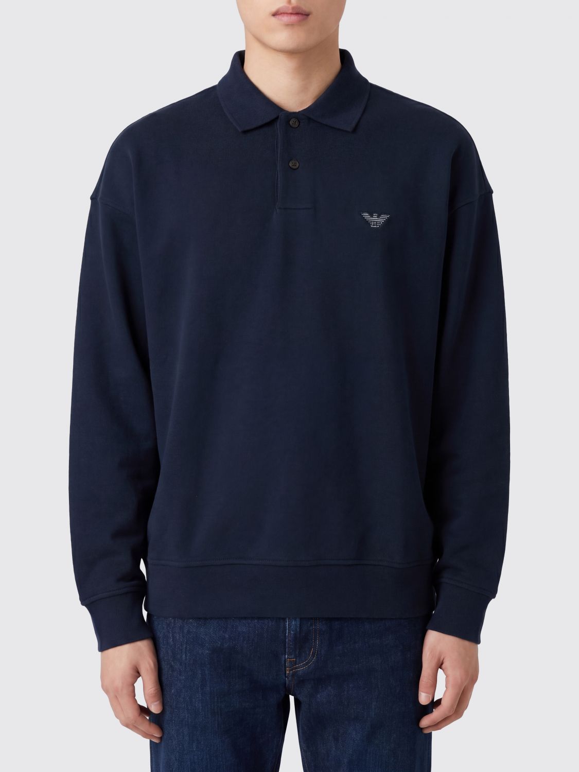 Long-Sleeved Cotton Polo Shirt with Embroidered Eagle Logo