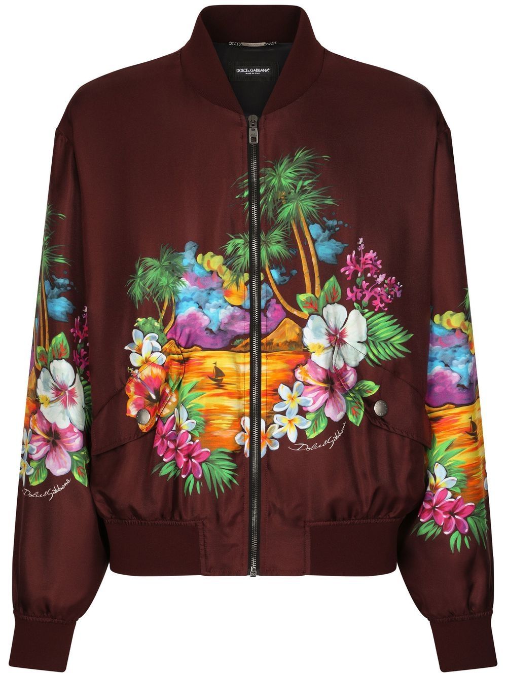 Island-print silk bomber jacket - Red