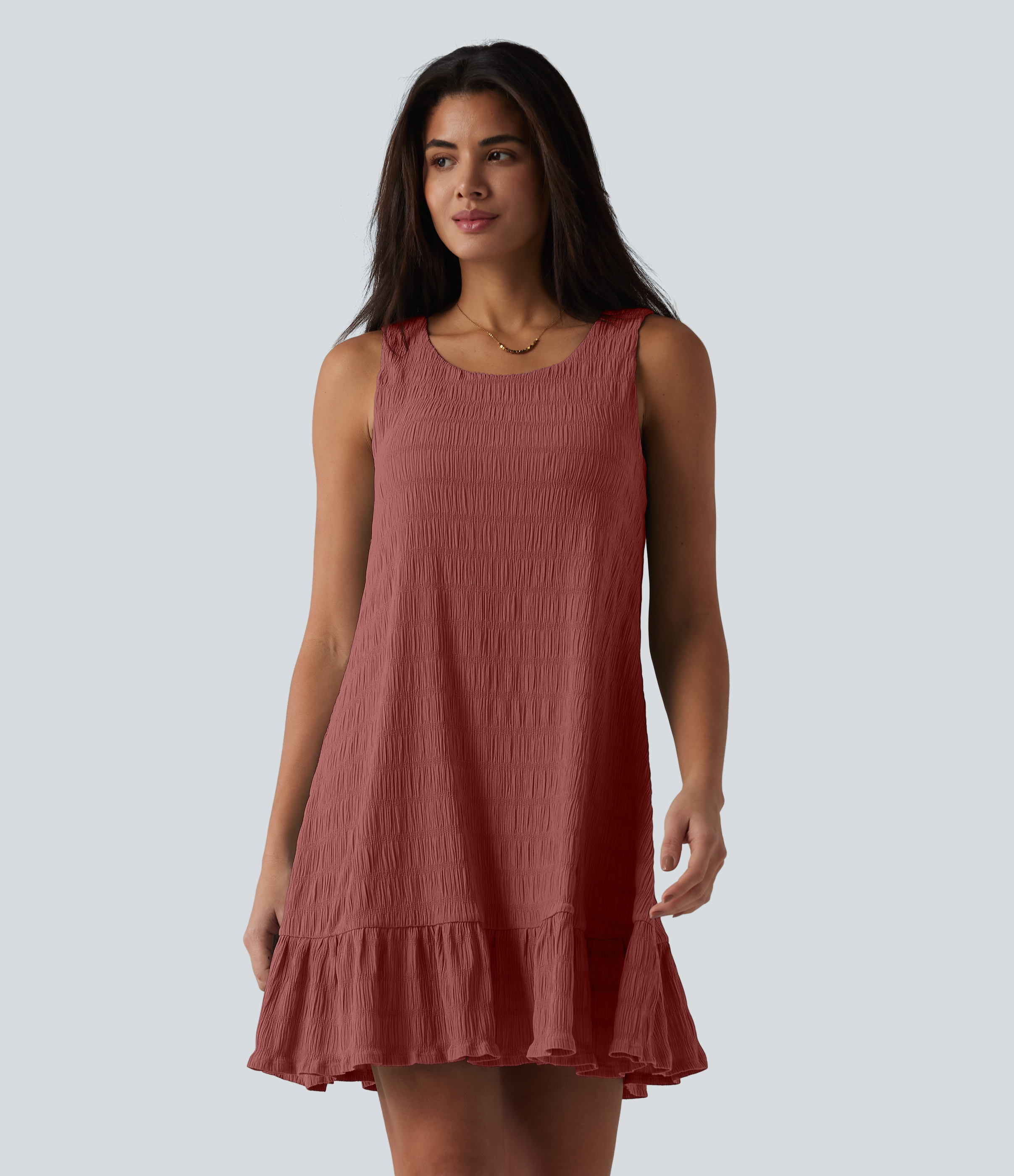 Round Neck Built-in Bra Sleeveless Ruffle Hem Mini Casual Dress Casual Dress - Marsala