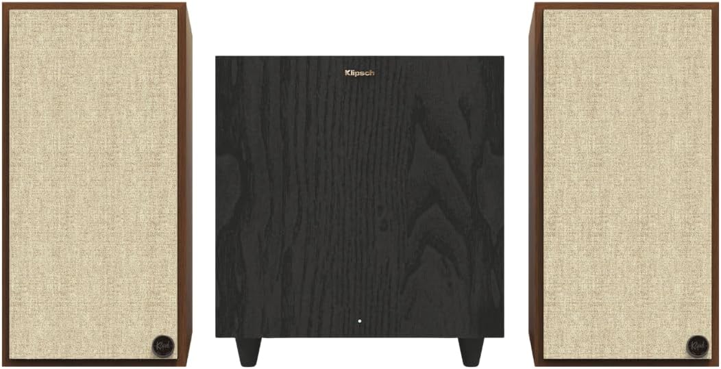 The Sevens Heritage Inspired Powered Speakers (Walnut) and R-80SWi 8" Wireless Subwoofer (Black) - Powerful 2.1 Audio System (Bundle)