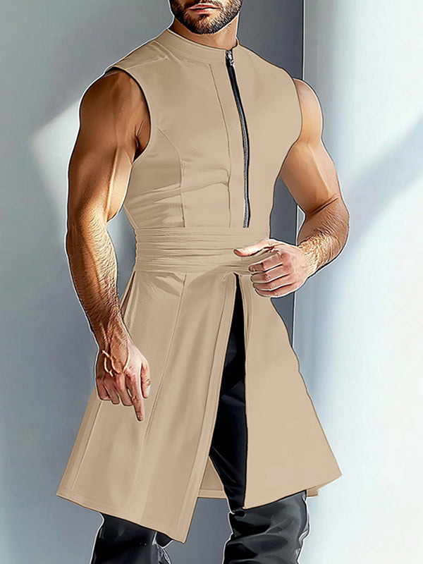 Mens Solid Color Long Hem Zipper Sleeveless Tank SKUL06341 - Khaki / S