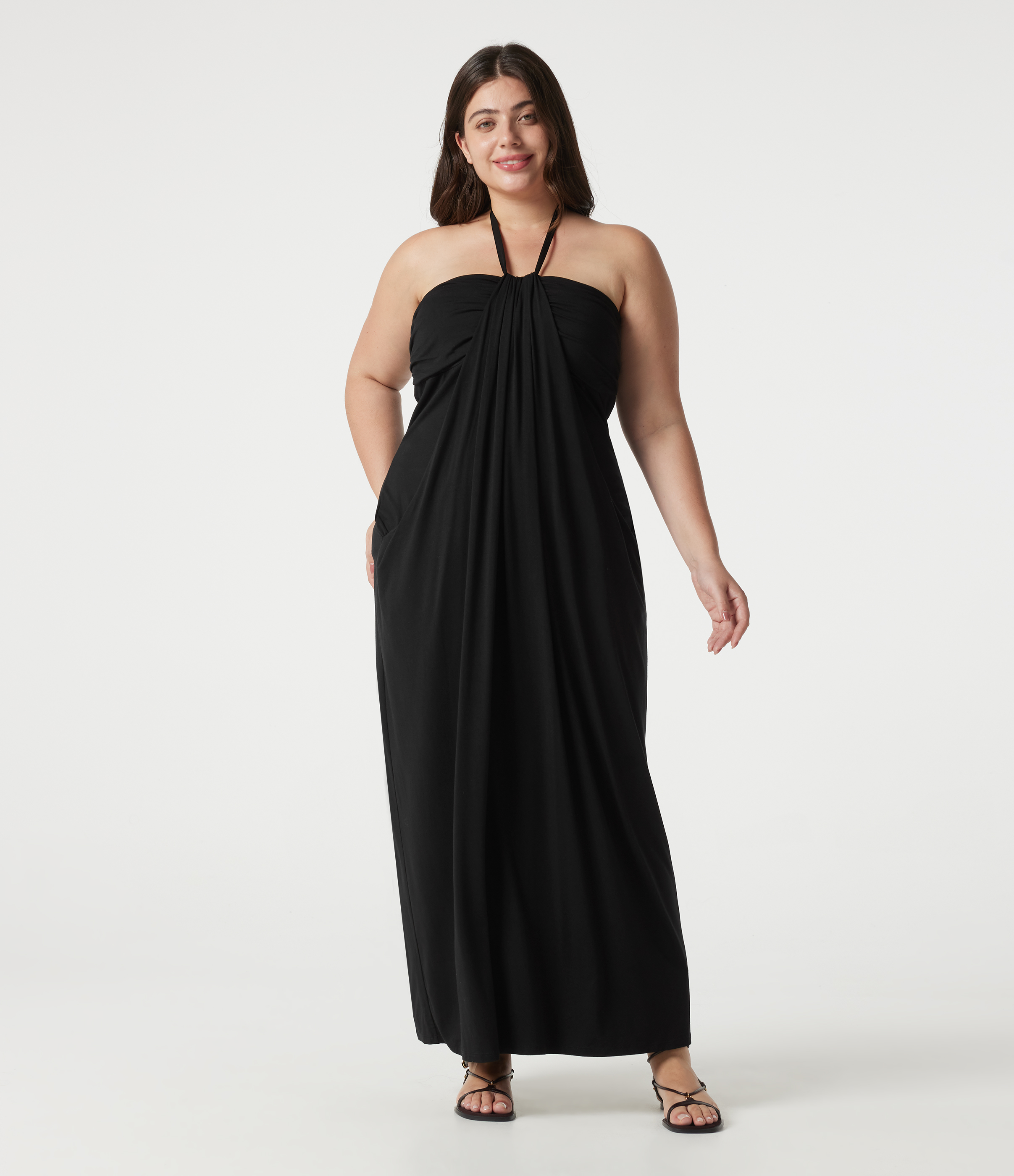 Plus Size Halter Tie Back Built-in Bra Maxi Dress with Pockets Casual Dress - Black