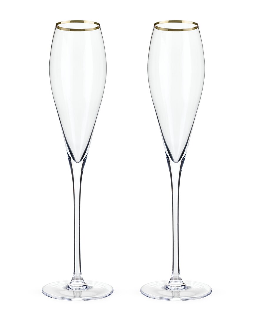 Viski Belmont Set of 2 Gold Rimmed Crystal Champagne Flutes