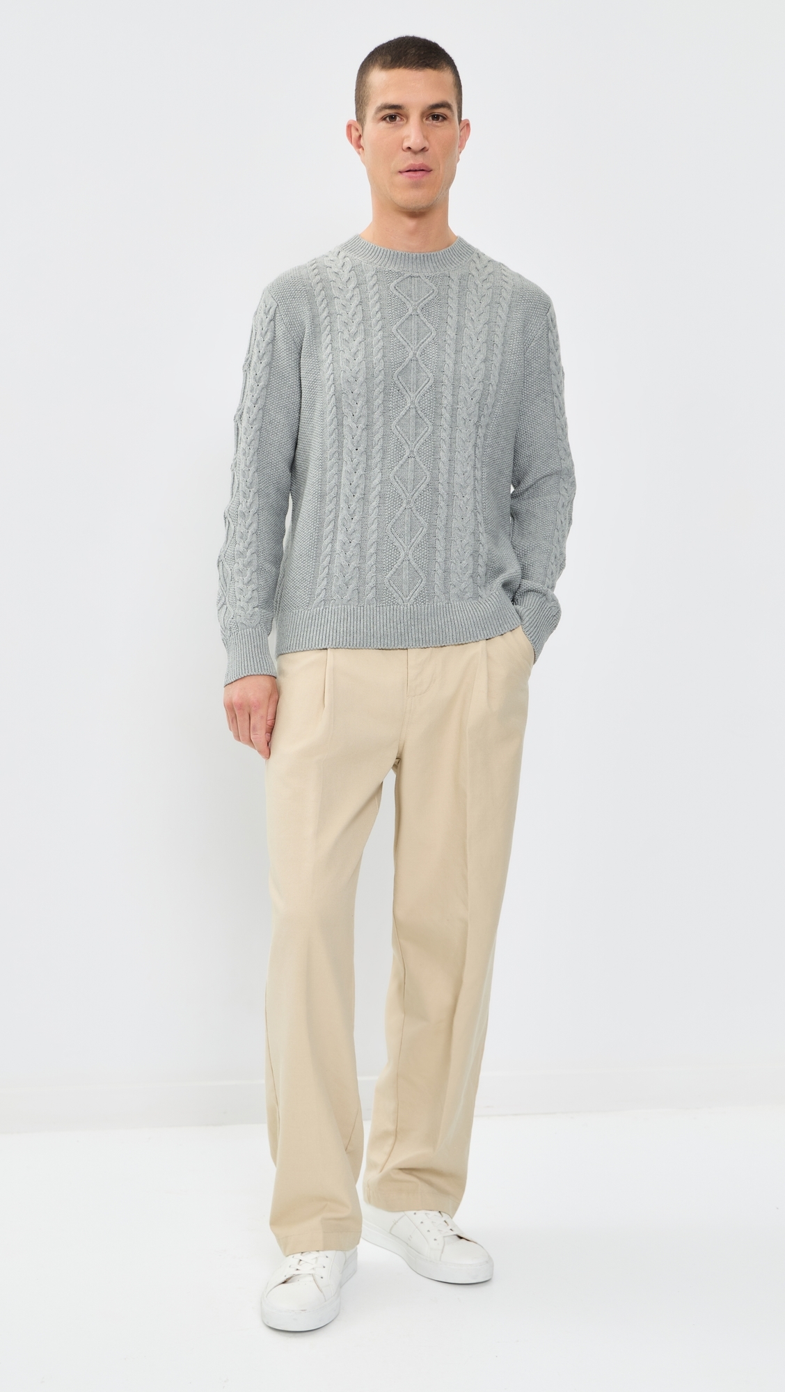 Andre Cable Knit Crewneck Sweater Heather Grey