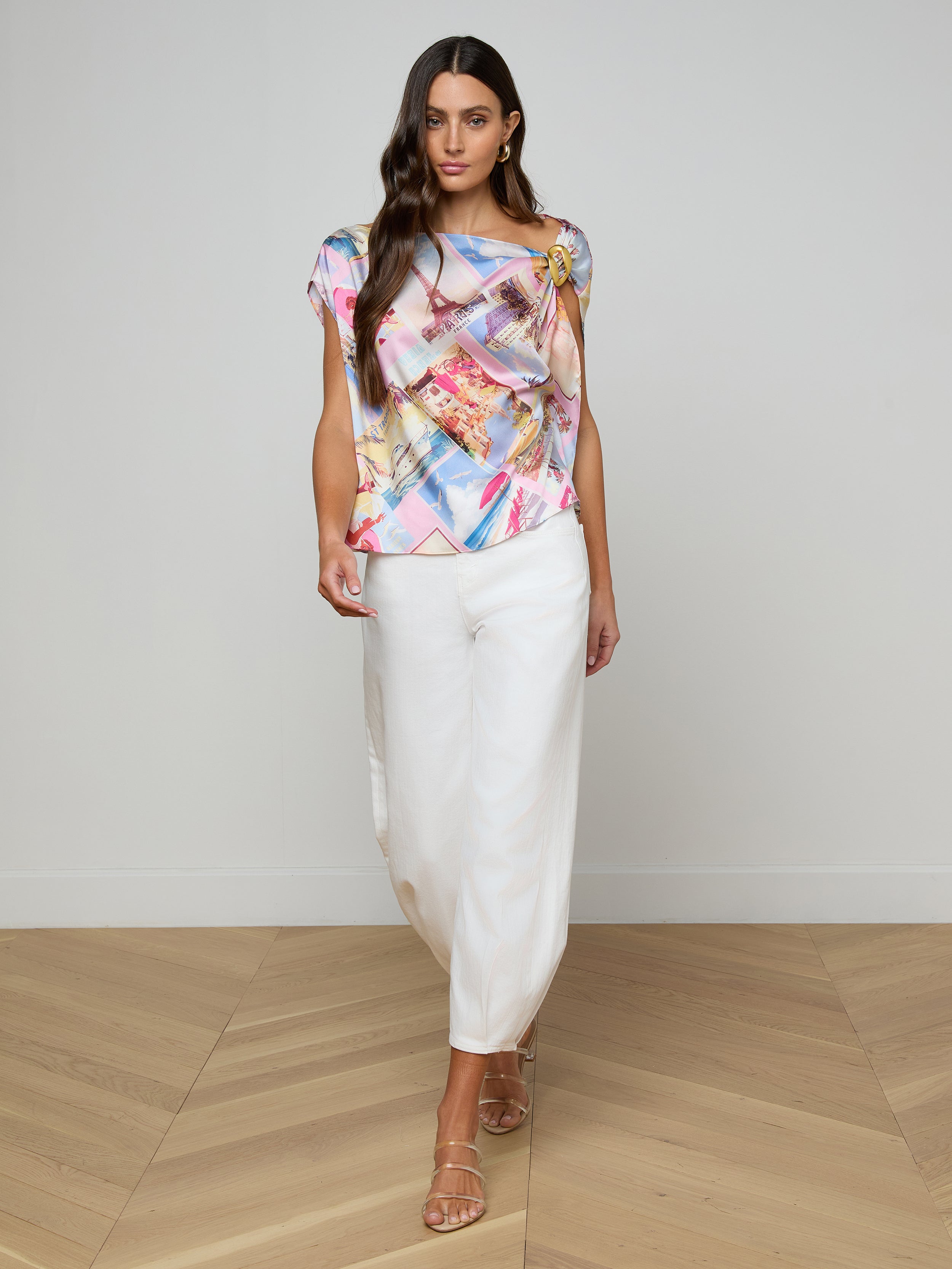 Driselle Scarf Top In Light Pink Multi Large Postcard Print