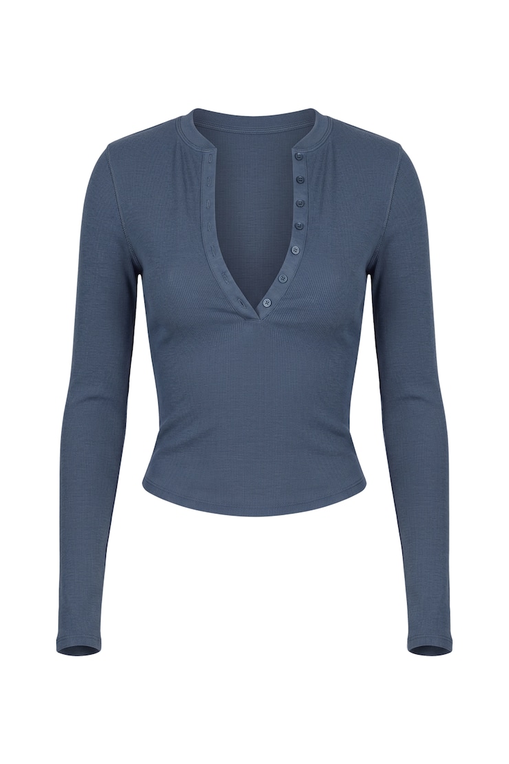 SnatchRib Crewneck Henley Long Sleeve Top - Blue - Women Clothing