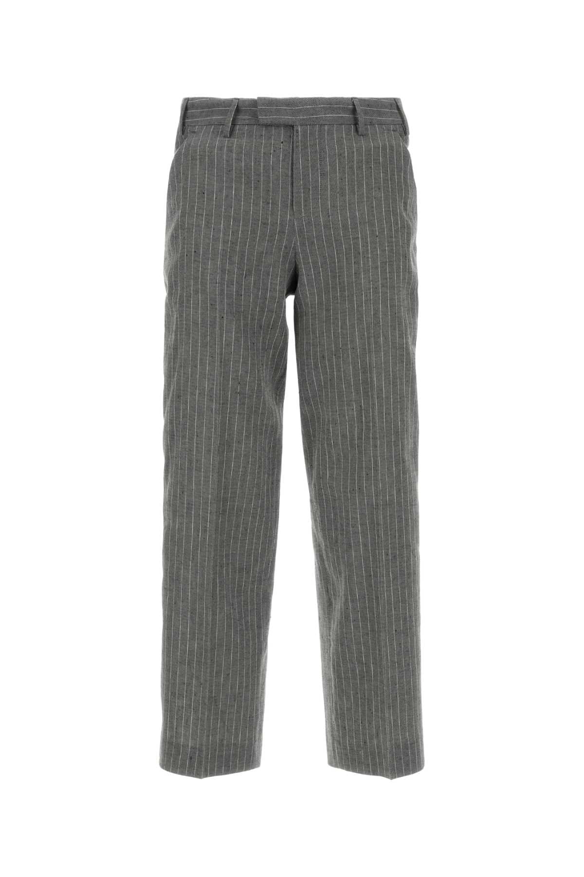 Pinstriped Linen-Cotton Trousers — Gray