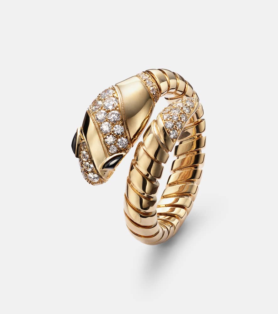 Bvlgari Serpenti Tubogas 18kt gold ring with diamonds and onyx