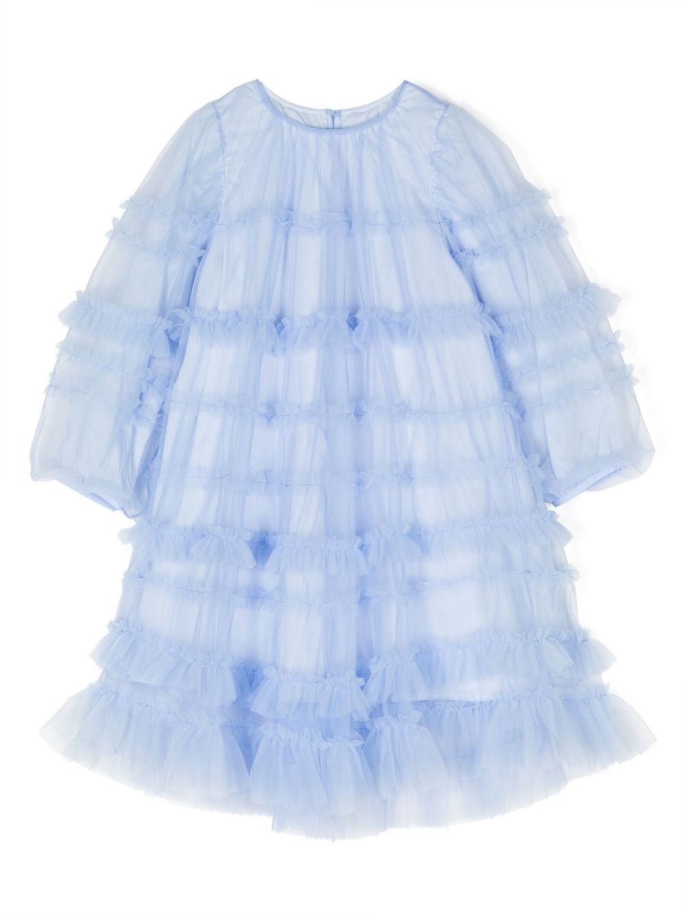 Meshed ruffled long sleeve dress - Blue