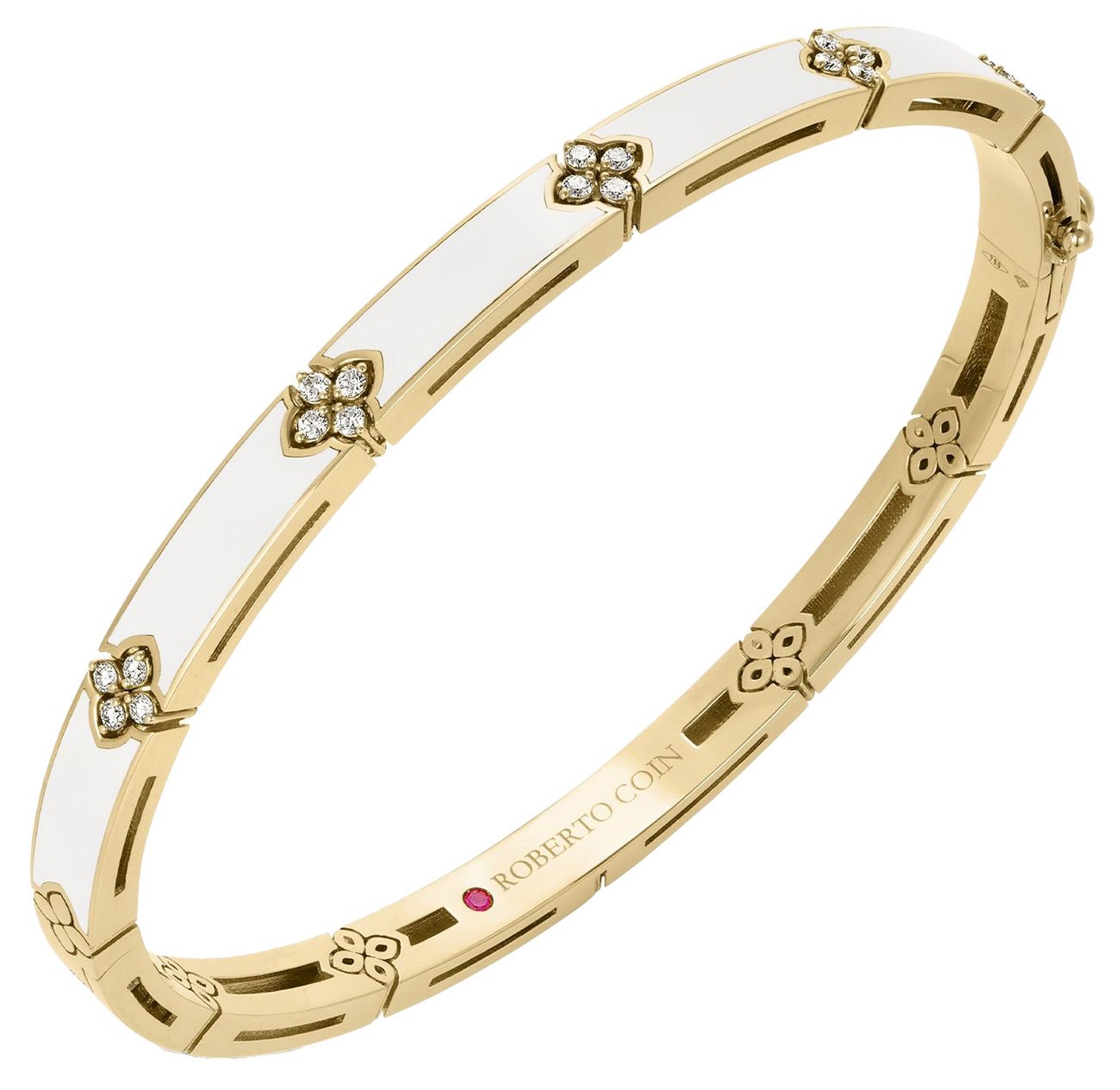 Love in Verona Diamond and White Enamel Bangle in 18K Yellow Gold