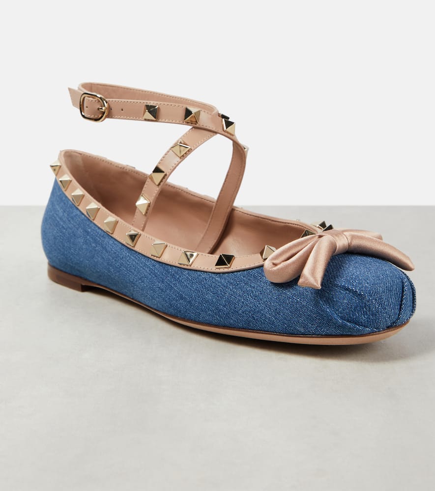 Rockstud leather-trimmed denim ballet flats