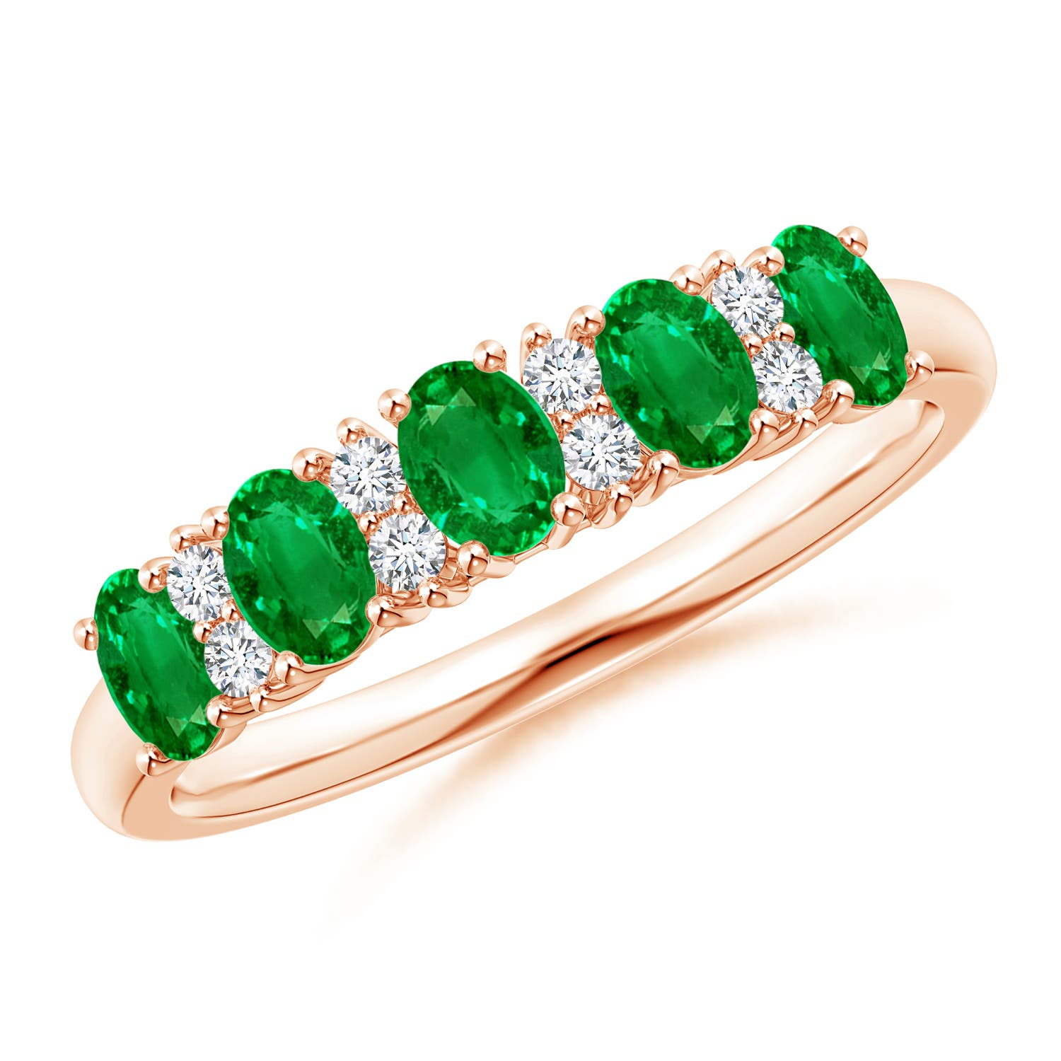 Angara 0.6 Carat Five Stone Emerald and Diamond Wedding Ring in 14K Rose Gold