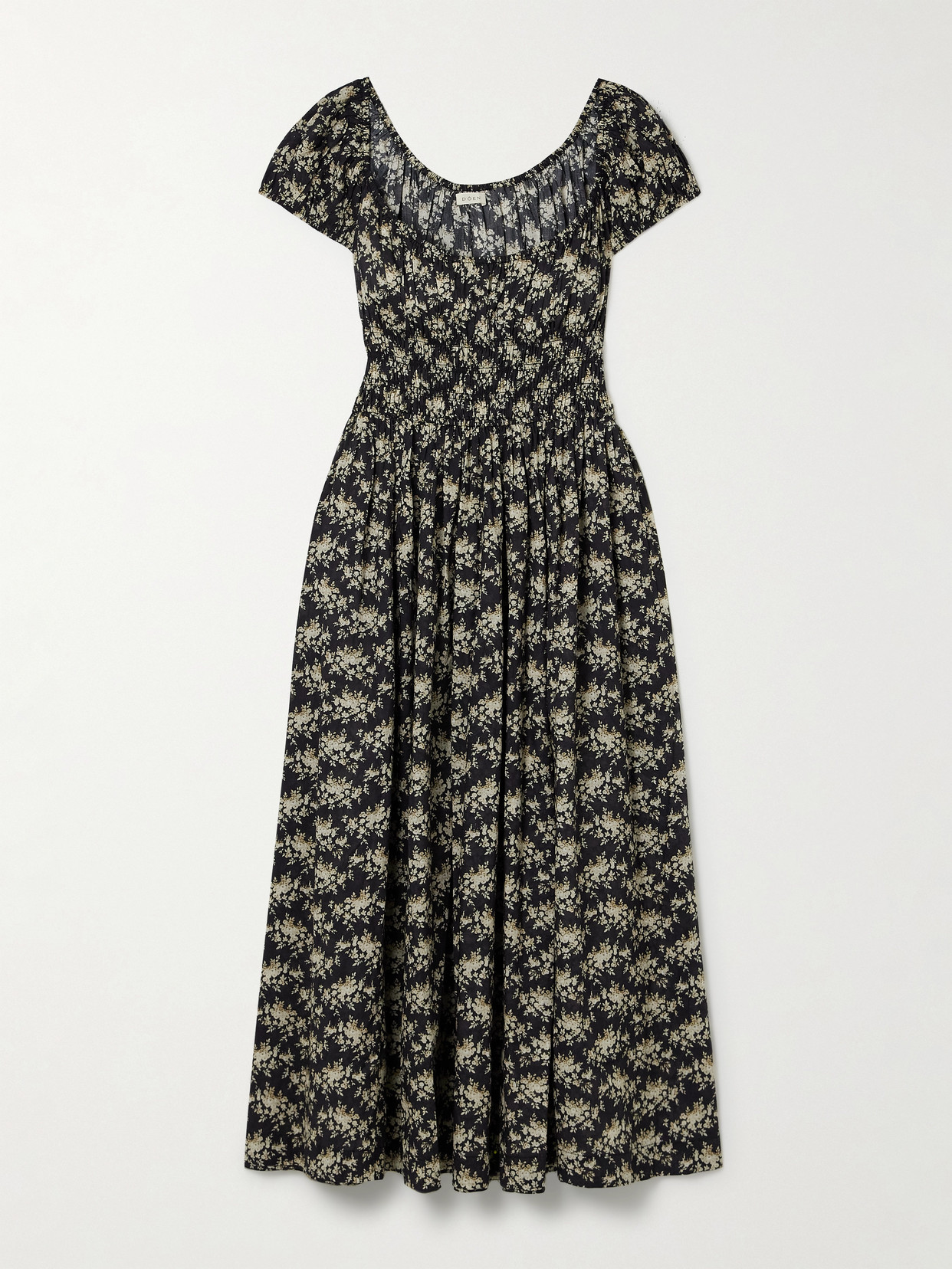 Quinley Shirred Floral-print Organic Cotton-voile Midi Dress - Black