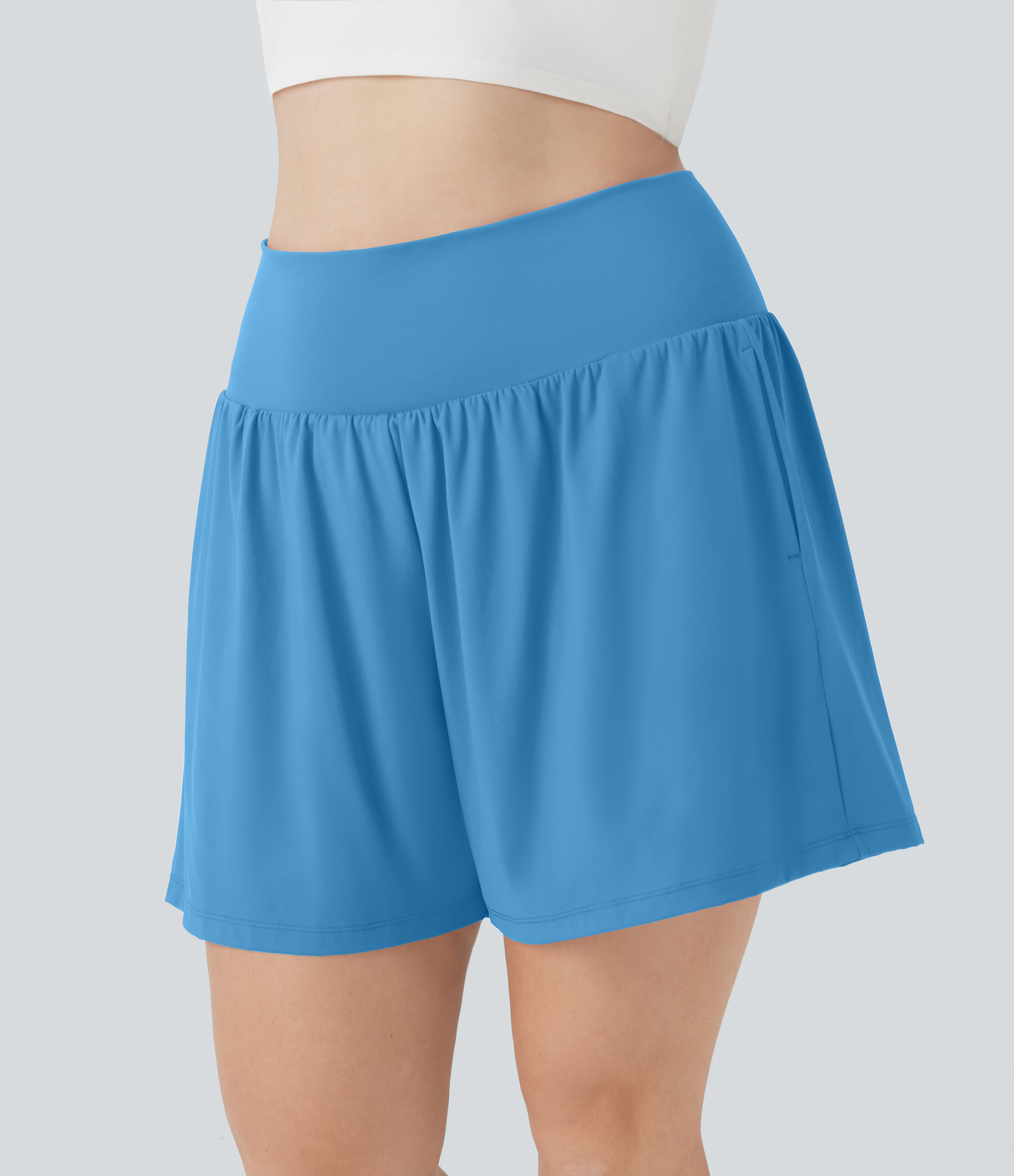 "SoftlyZero™ Airy Super High Waisted 2-in-1 Cool Touch Yoga Plus Size Shorts 7"" with Pockets Gym Short - Bonnie Blue