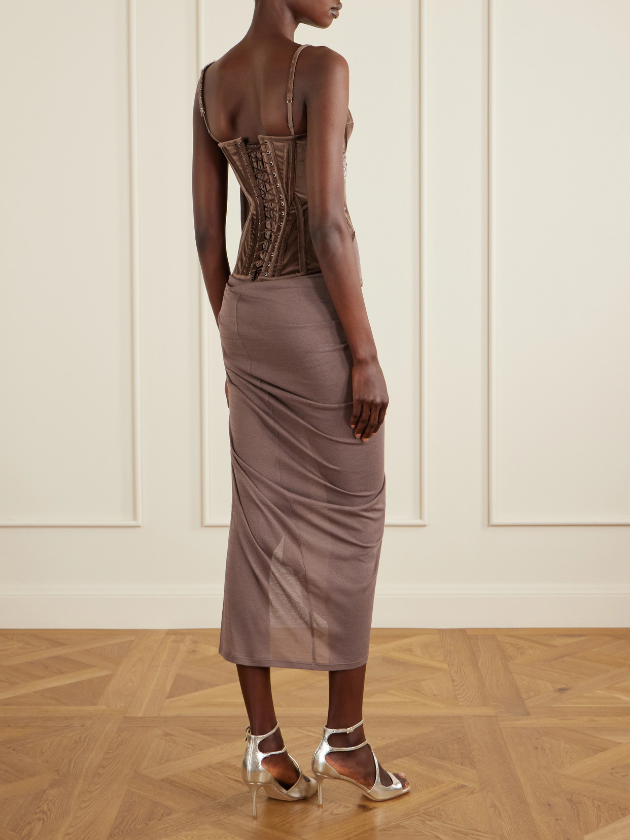 Tie-detailed Embellished Cotton-blend Velvet Corset Top - Brown