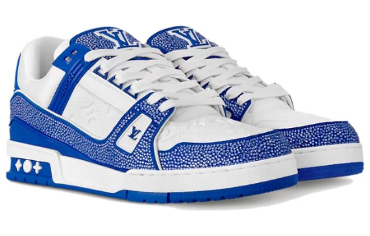 LV Trainer Sneakers 'White Monogram with Blue and Rhinestones'