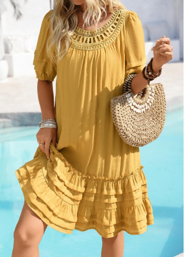 Modlily Ginger Embroidery A Line Half Sleeve Round Neck Dre