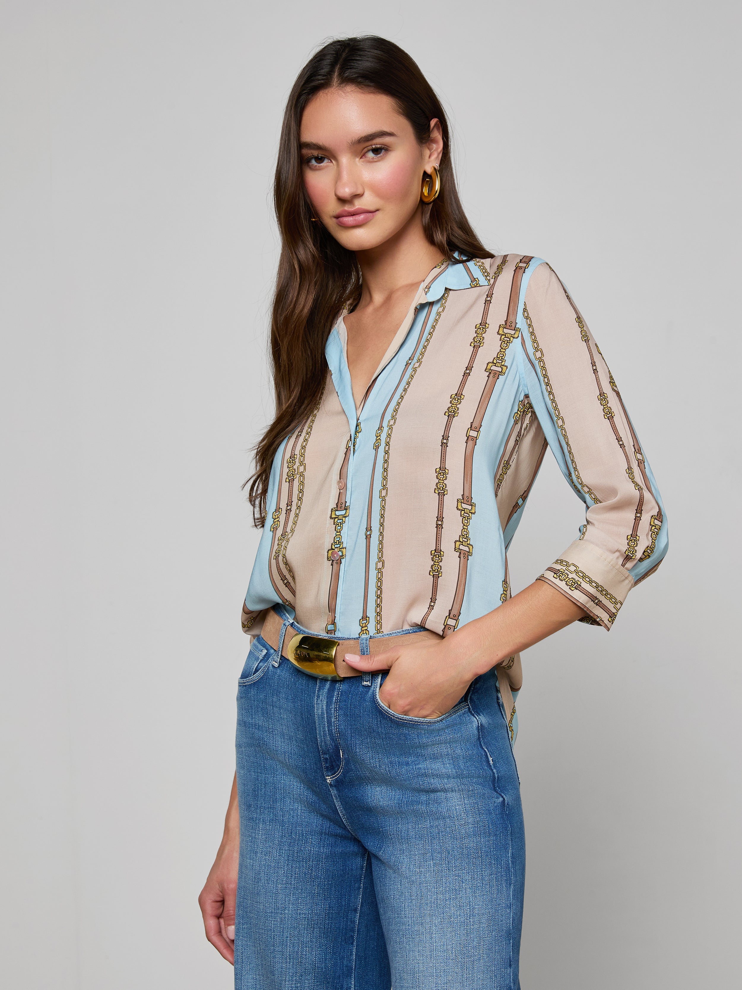 Camille Blouse Top In Taupe/light Sage Belt Stripe