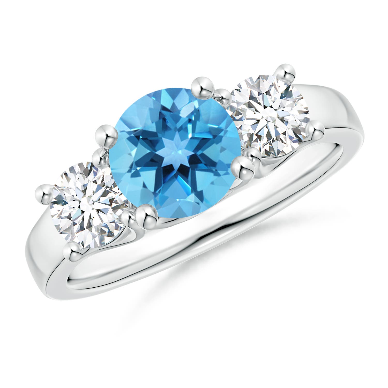 Angara 1.55 Carats Classic Round Swiss Blue Topaz and Diamond Three Stone Ring in Silver