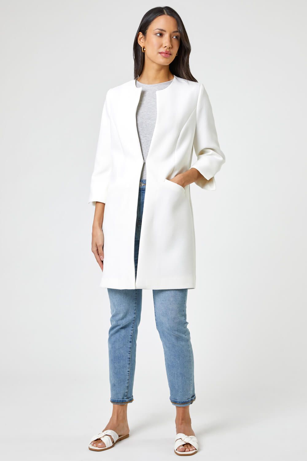 3/4 Sleeve Textured Longline Smart Jacket