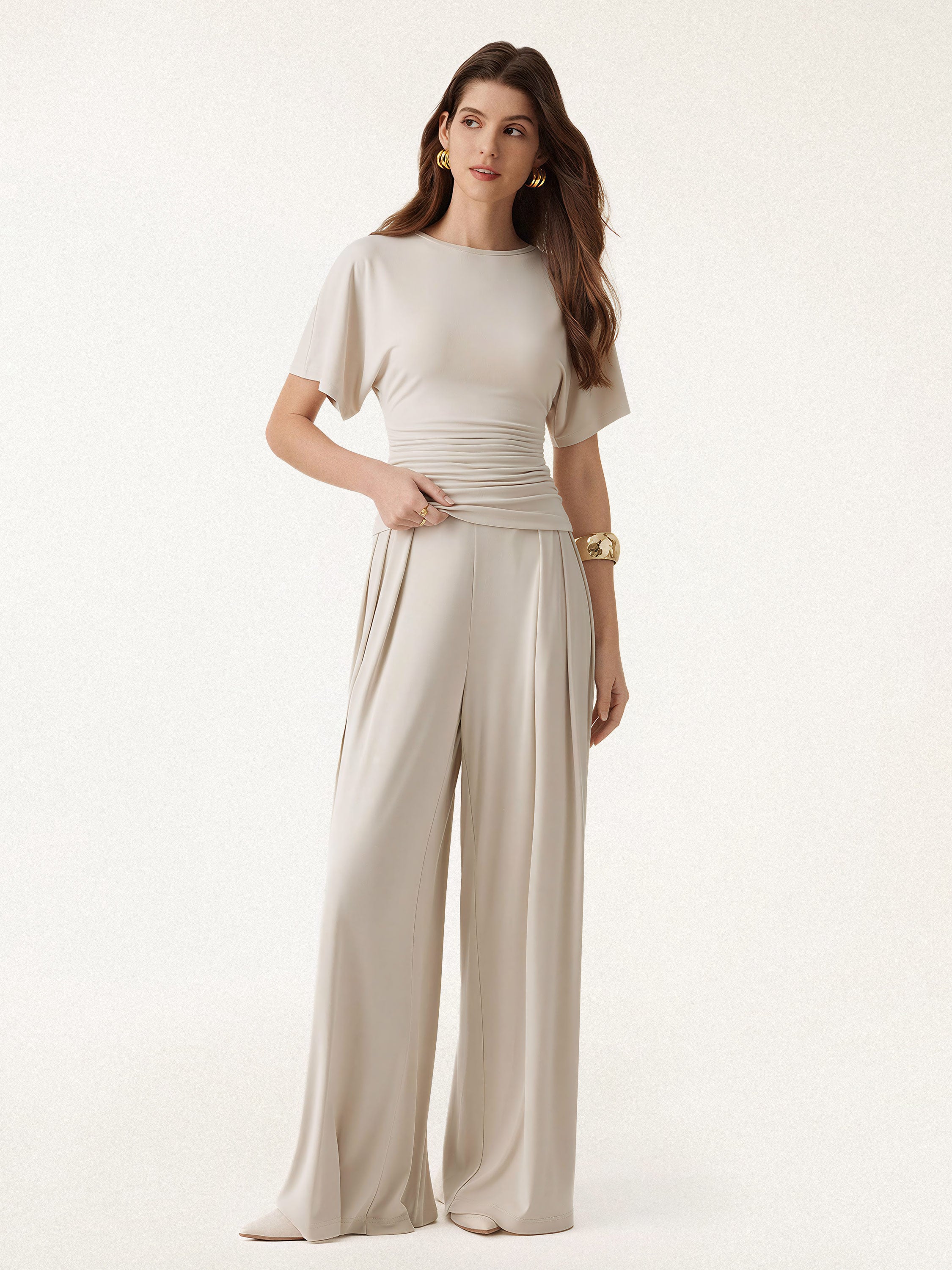 2Pcs Set Boatneck Batwing Sleeve Top & Wide Leg Palazzo Pants with Pockets - Morning Mist / XS