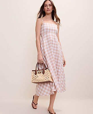 Ann Taylor Gingham Midi Dress in Linen Blend