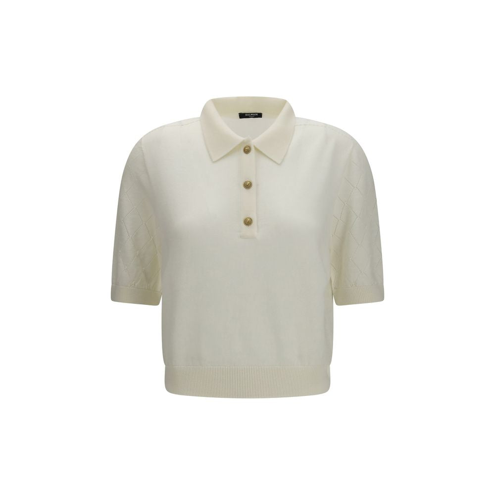 Merino Wool Diamond-Pattern Polo Shirt — White