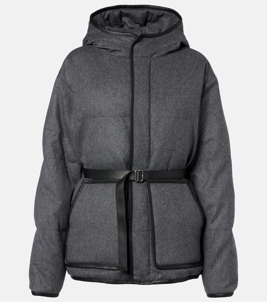 Belted hooded padded cashmere jacket