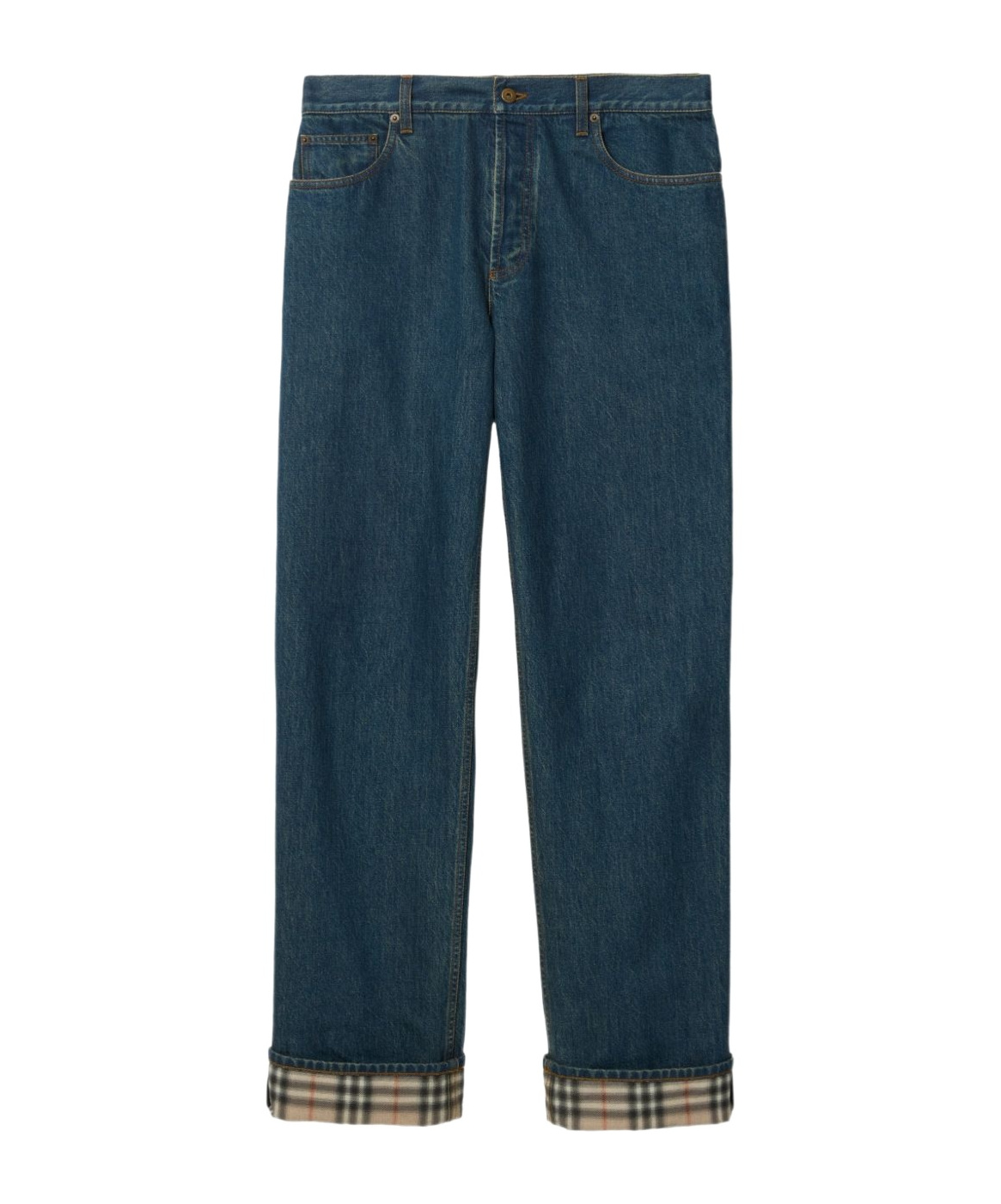 Check turn-up straight jeans