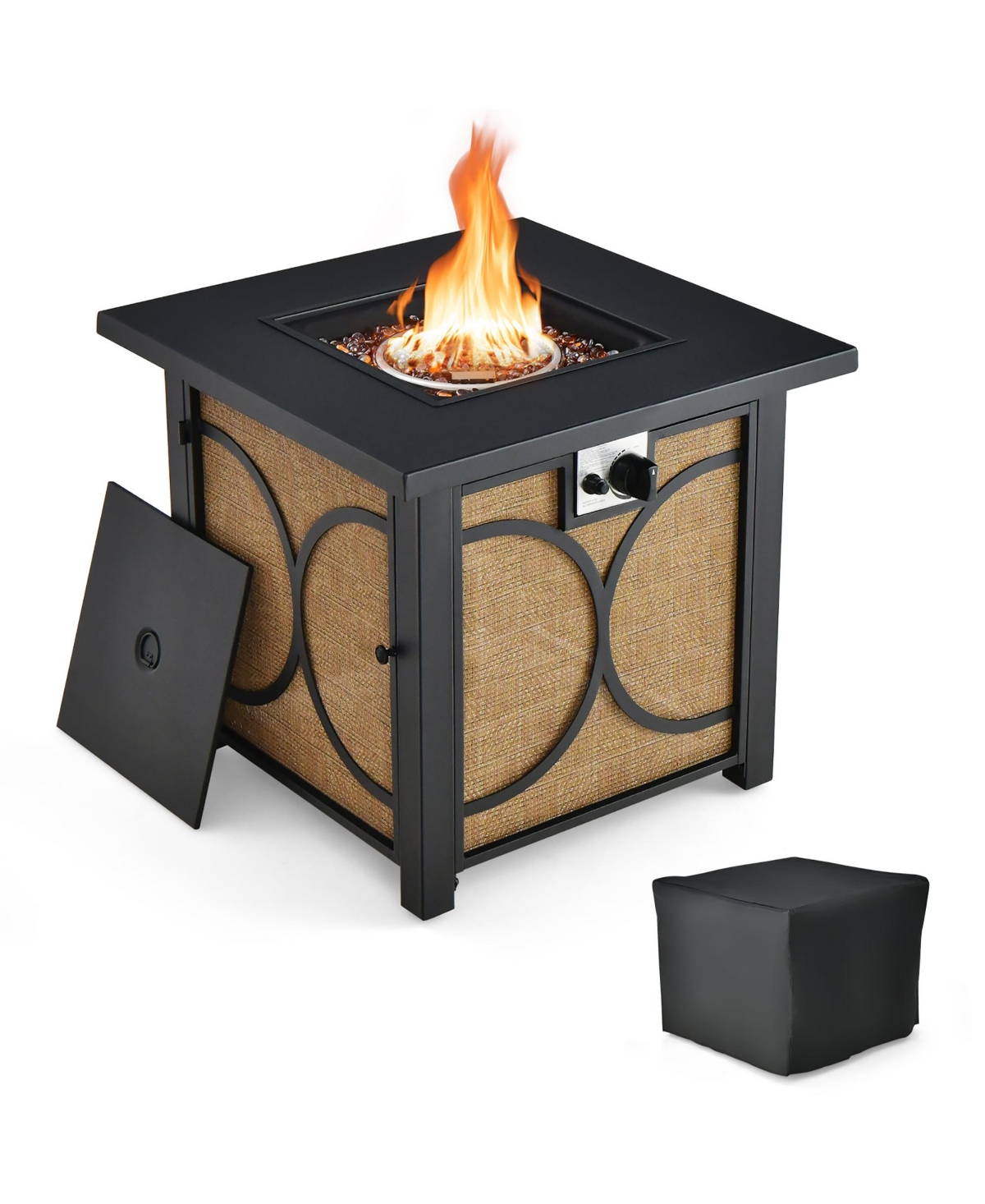 28 Inch Square Propane Gas Fire Pit Table with Fire Glasses &Rain - Brown