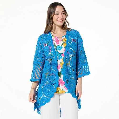 Bell-Sleeve Open Front Crochet Cardigan - Ballet Slipper