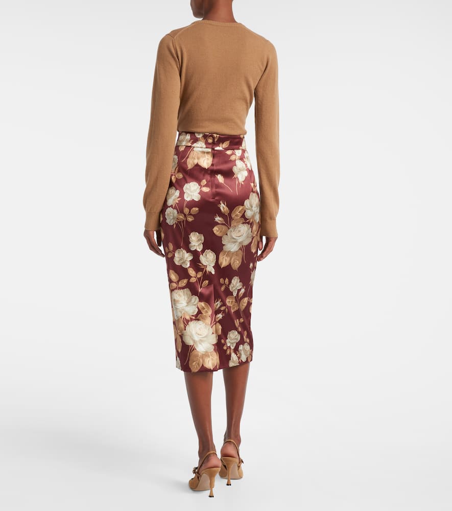 Floral high-rise satin midi skirt