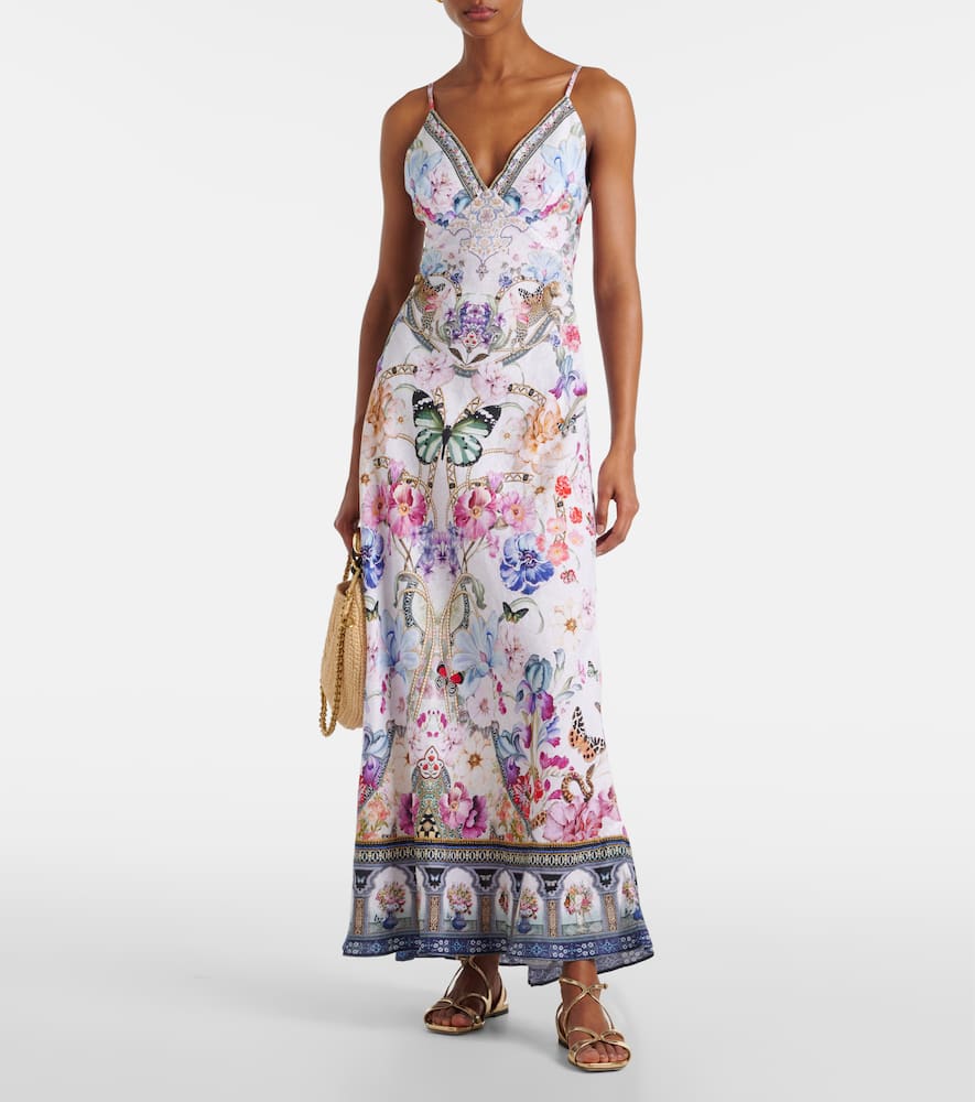 Crystal-embellished linen slip dress