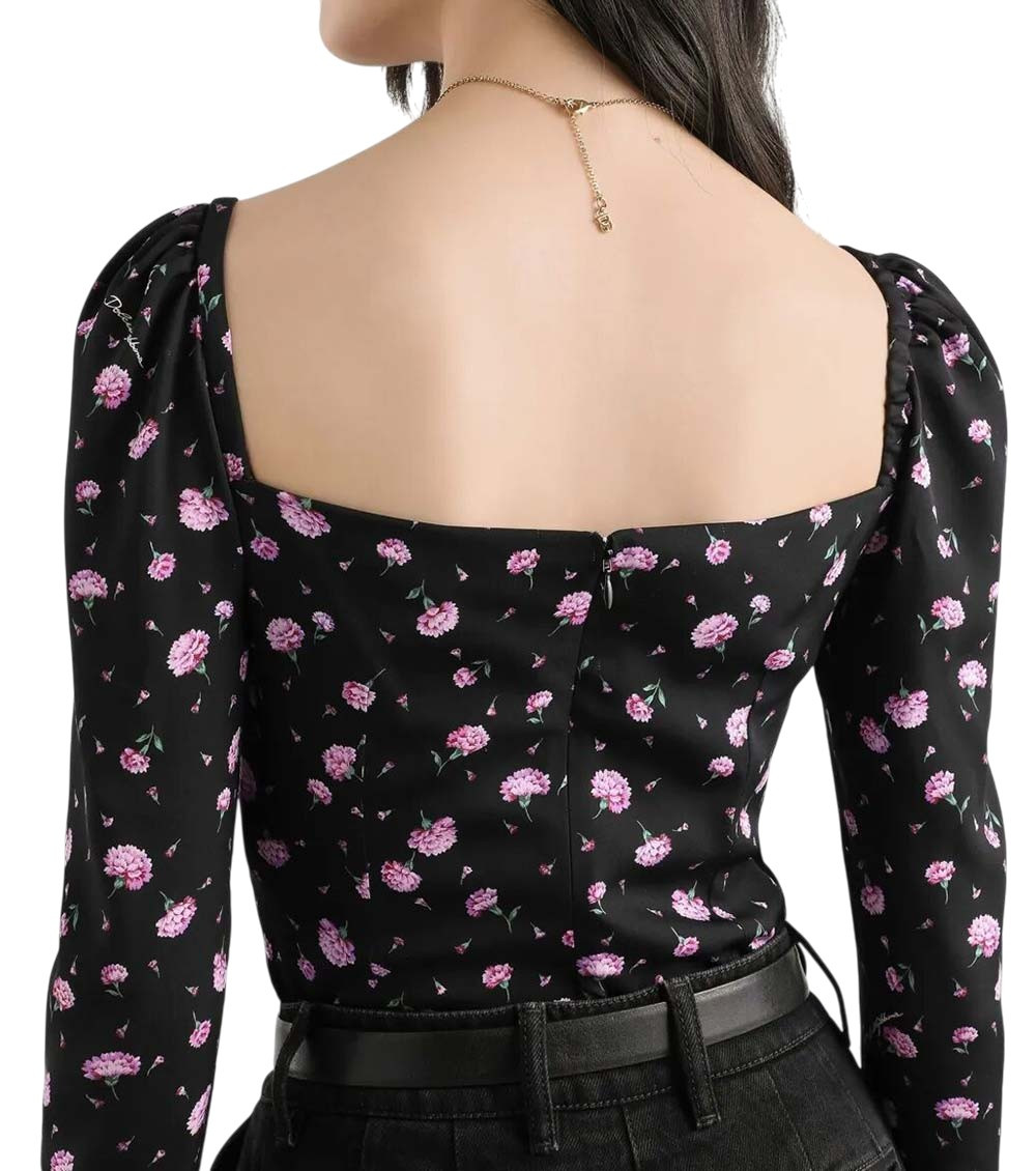 Black Square Neck Floral Print Top