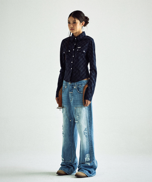 PAINTING CROP CHECK SHIRTS NAVY