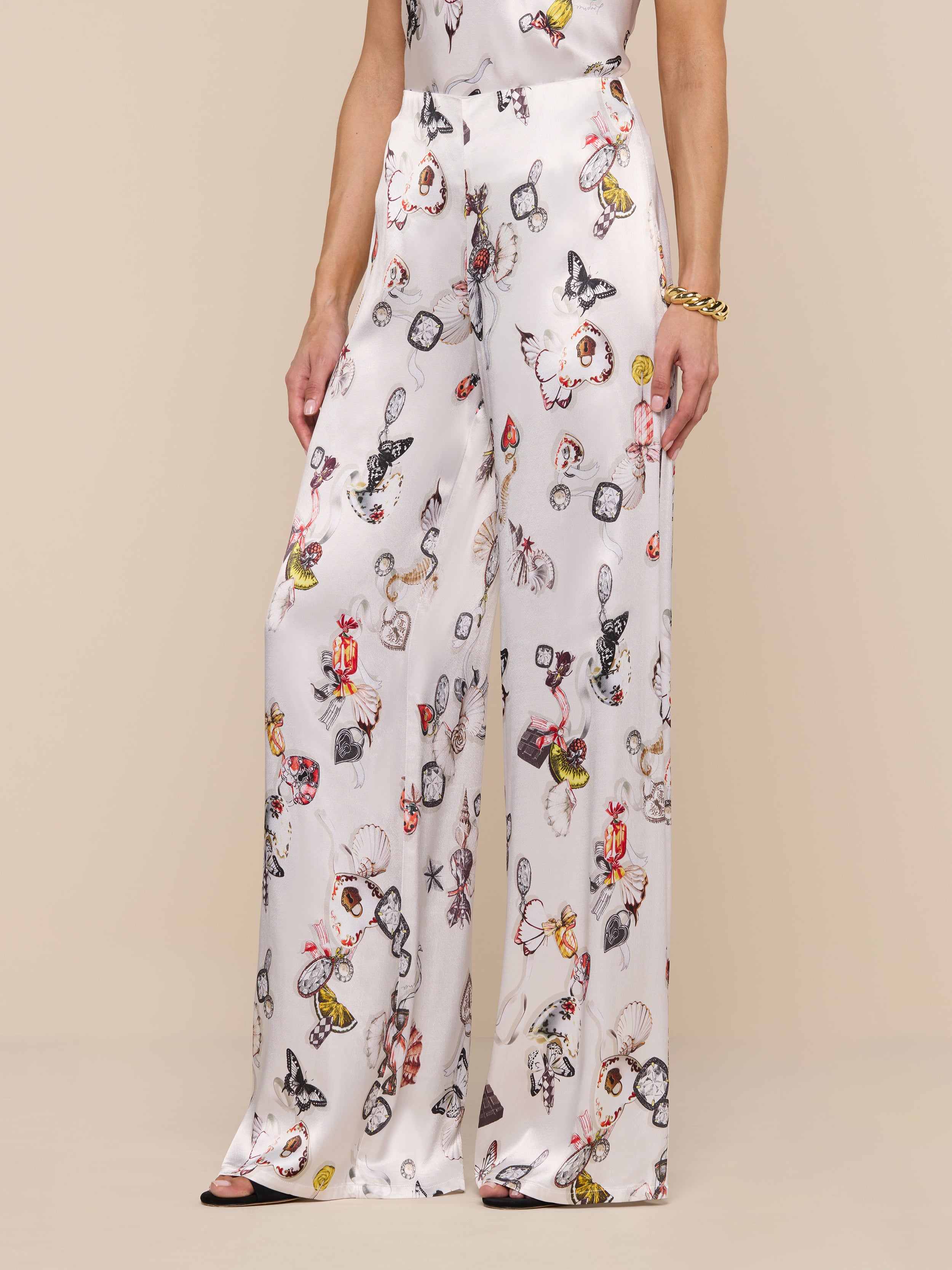 Kimia Satin Pants In Ecru Multi Lock Butterfly
