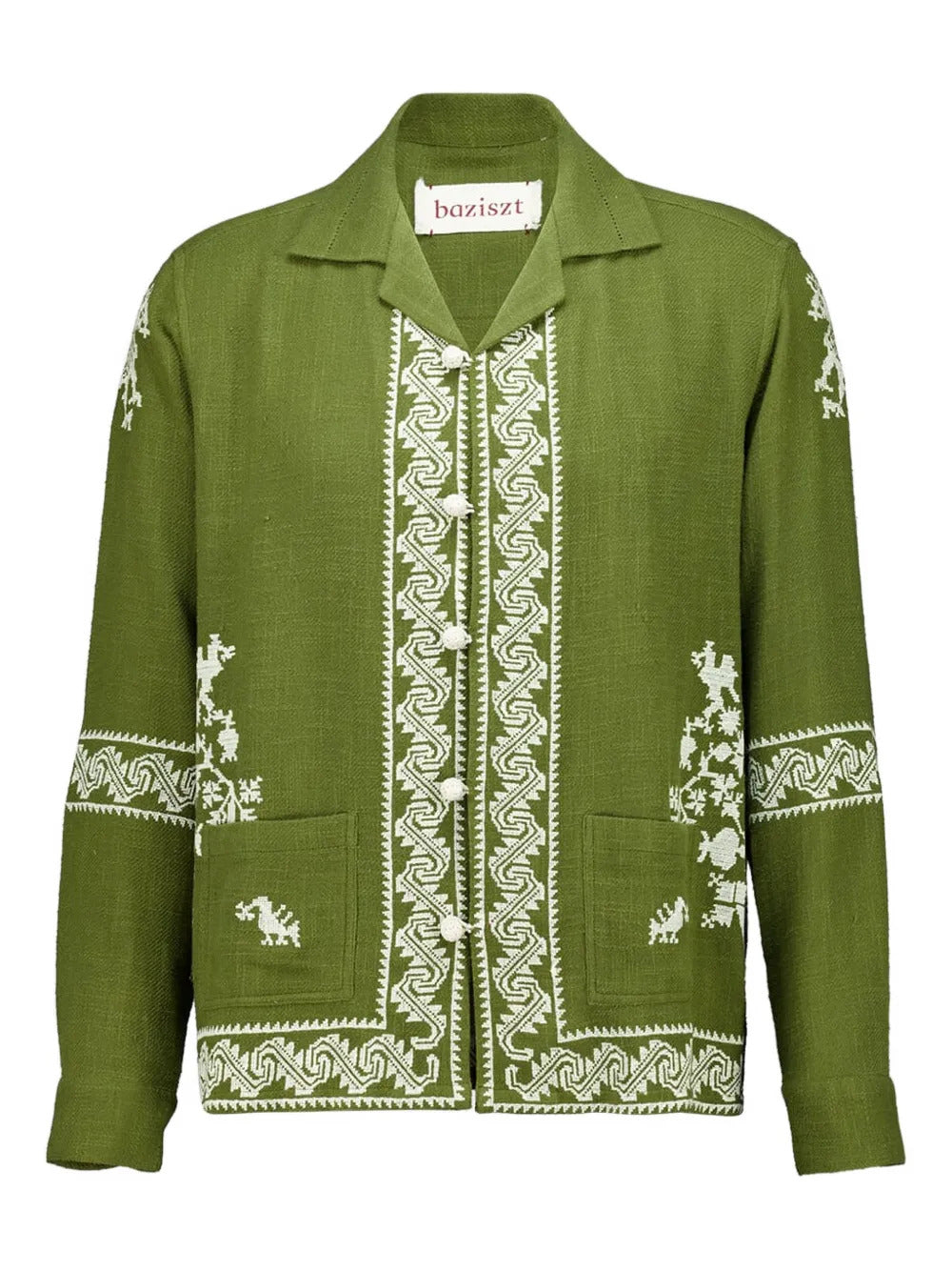 Men's Embroidered Cotton Camp-Collar Shirt with Button Front & Patch Pockets
