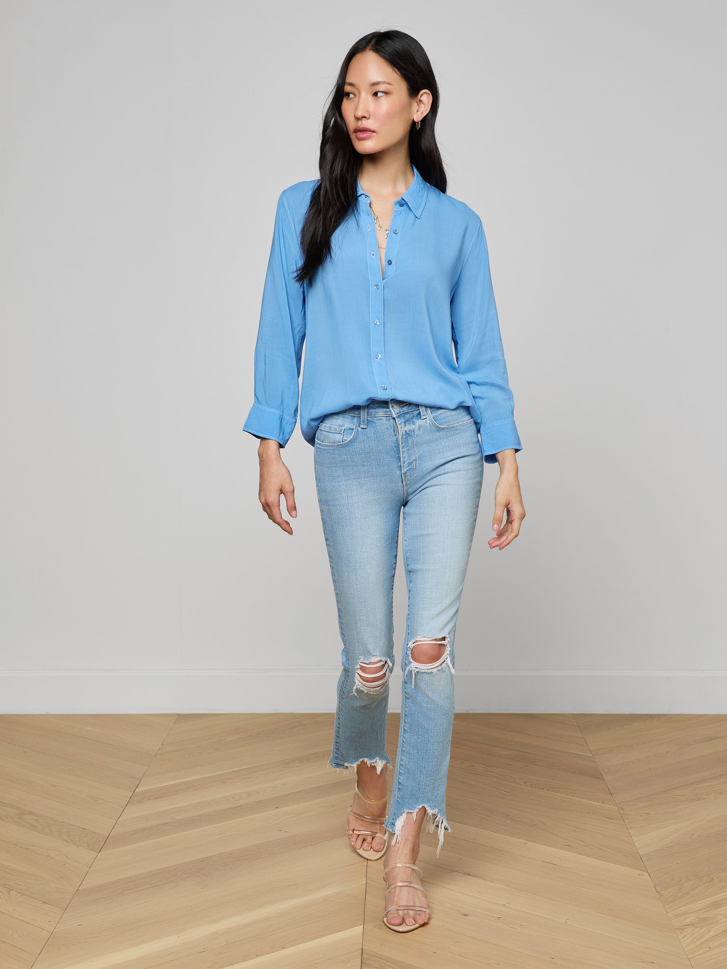 Marlene Blouse Top In Allure Blue/white Contrast