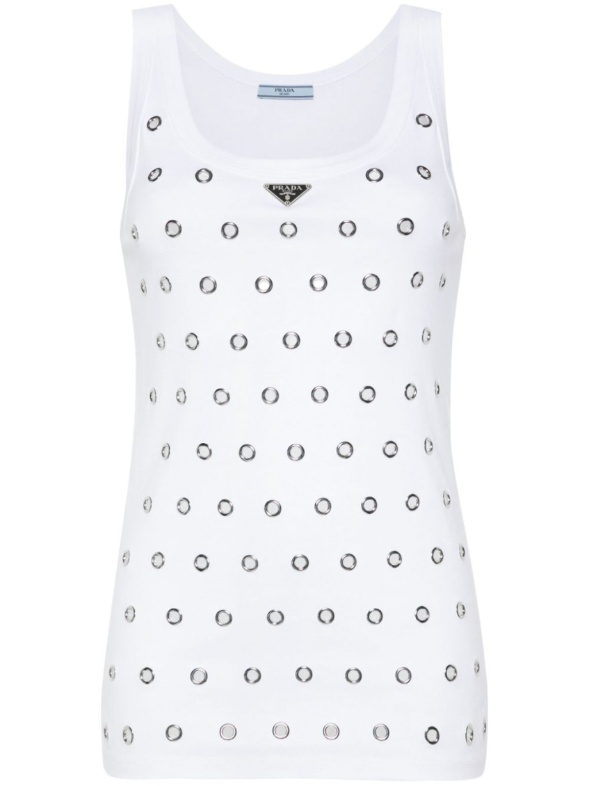 White Cotton Tank Top With Eyelets
