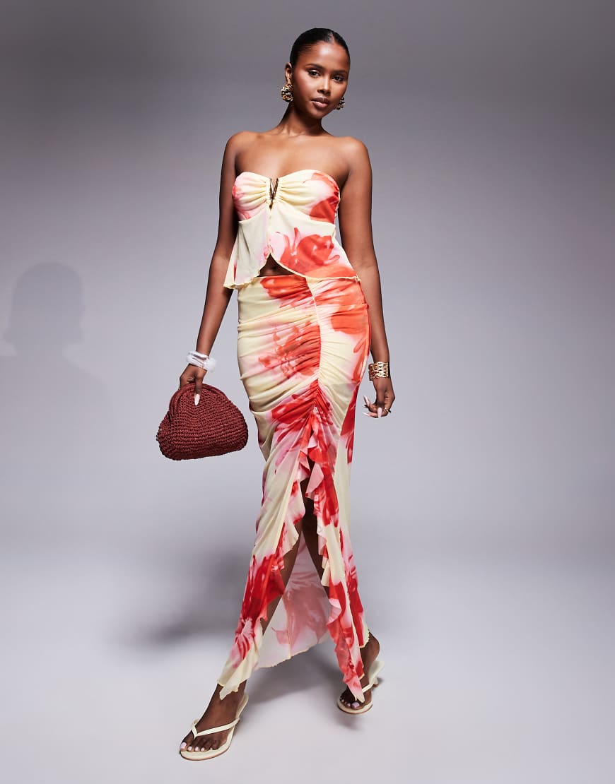 Mesh ruched side ruffle split maxi skirt co-ord in yellow & pink flower print-Multi