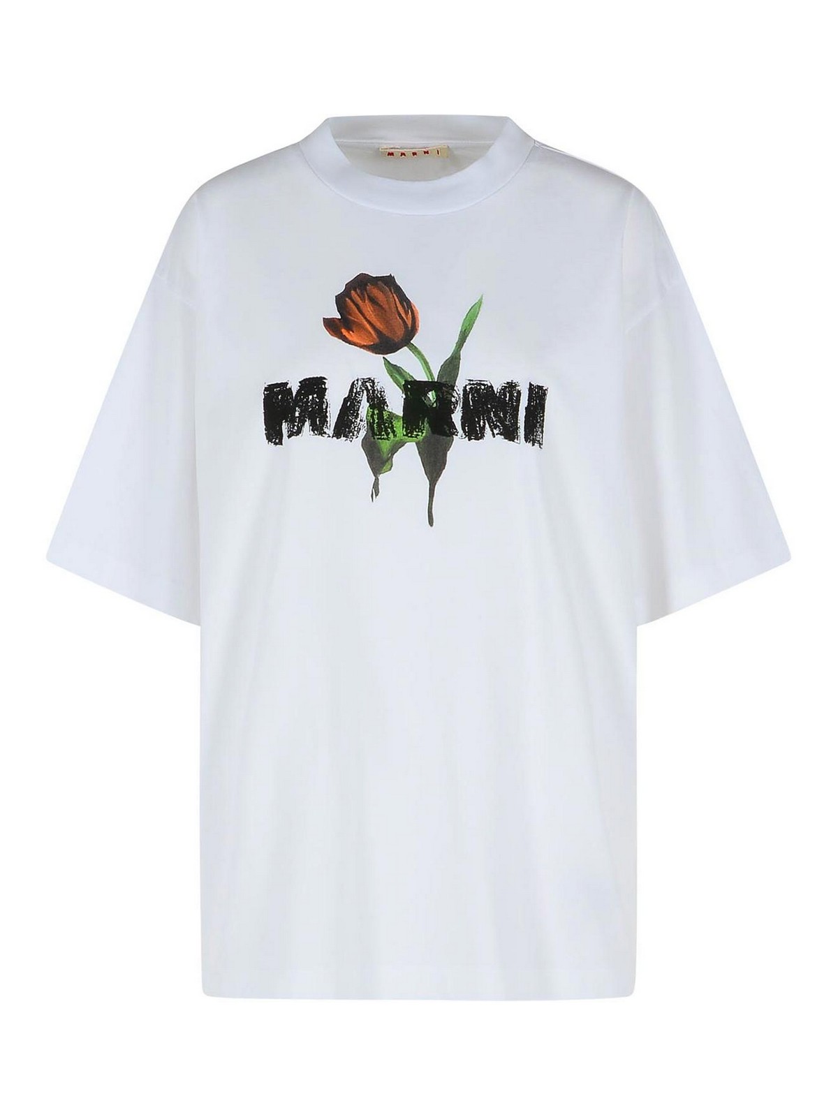 White Cotton T-Shirt With Tulip Print