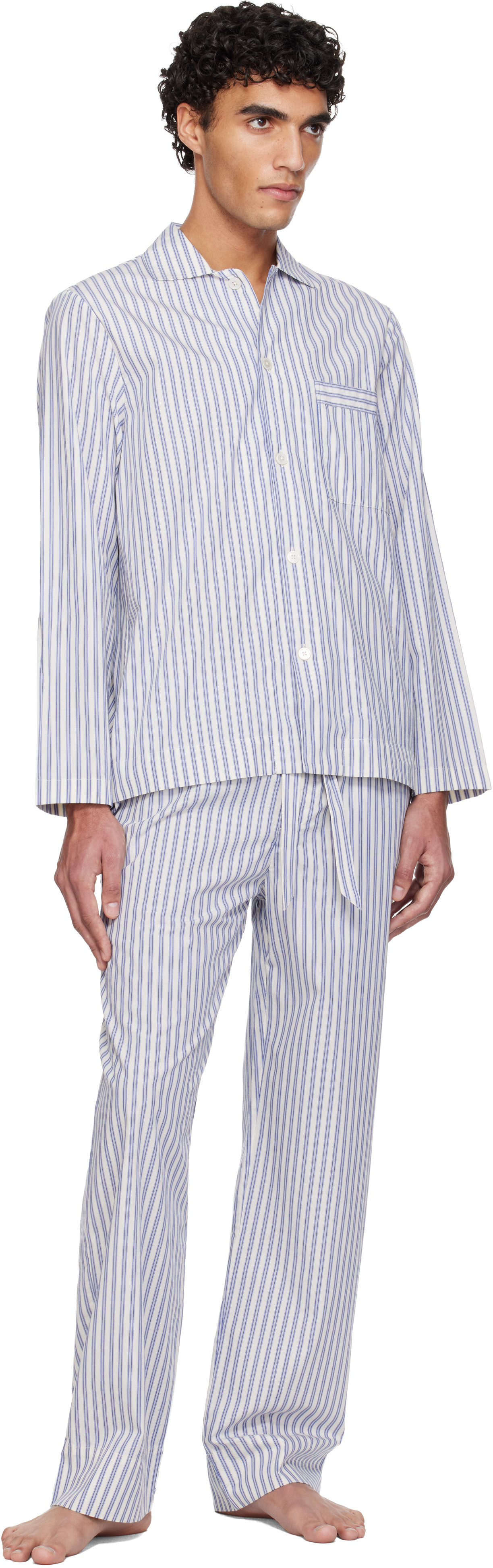 Blue & White Poplin Long-Sleeved Pyjama Shirt