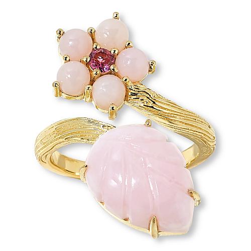 Rarities Gold-Plated Carved Gemstone Leaf and Flower Bypass Ring - Pink