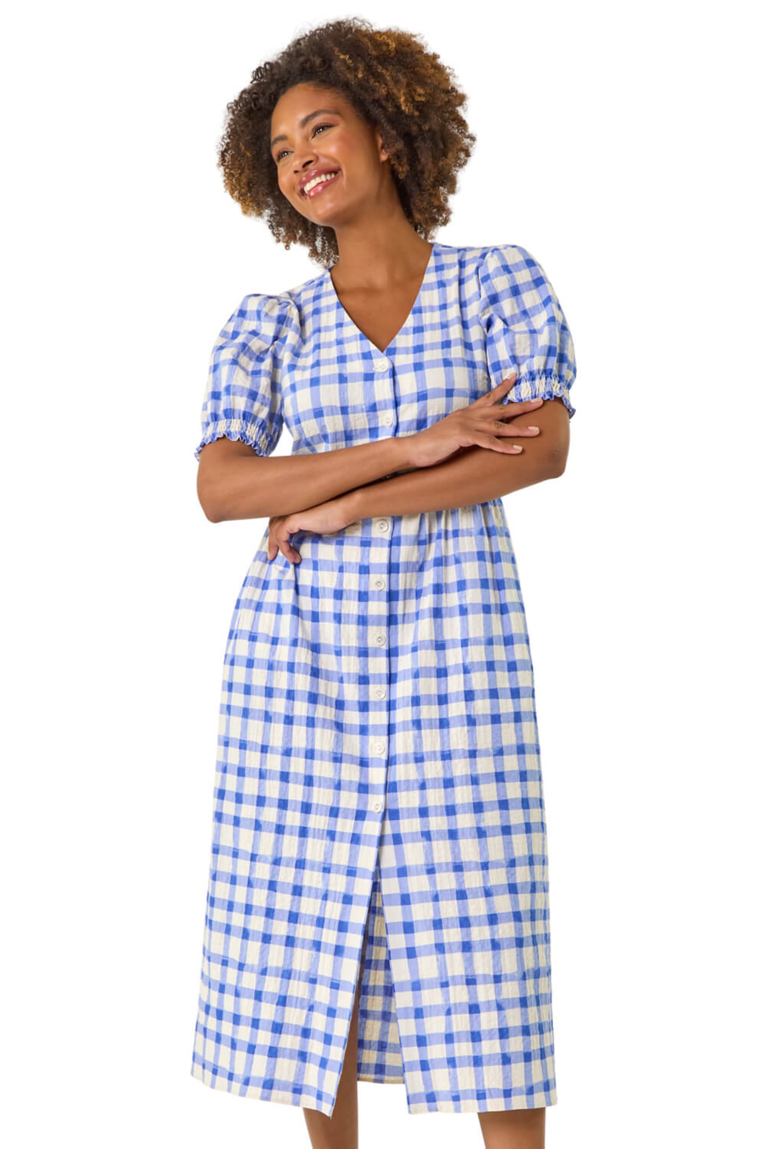 Roman Womens Check Button Midi Dress - Blue